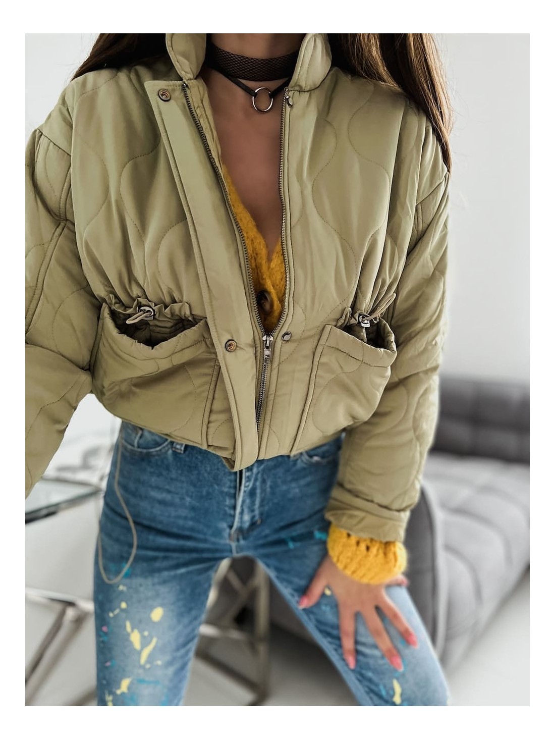 Women\'s quilted jacket with a stand-up collar, olive green SF13 - Online store - Boutique